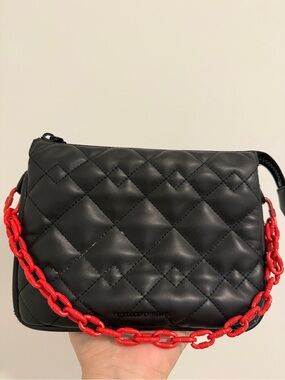 Charles & Keith Black Quilted Crossbody with Red Chain